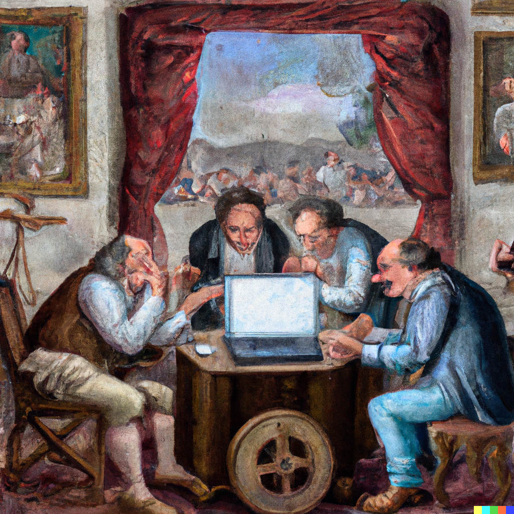 A classic painting of software engineers planning for the next version number for their software