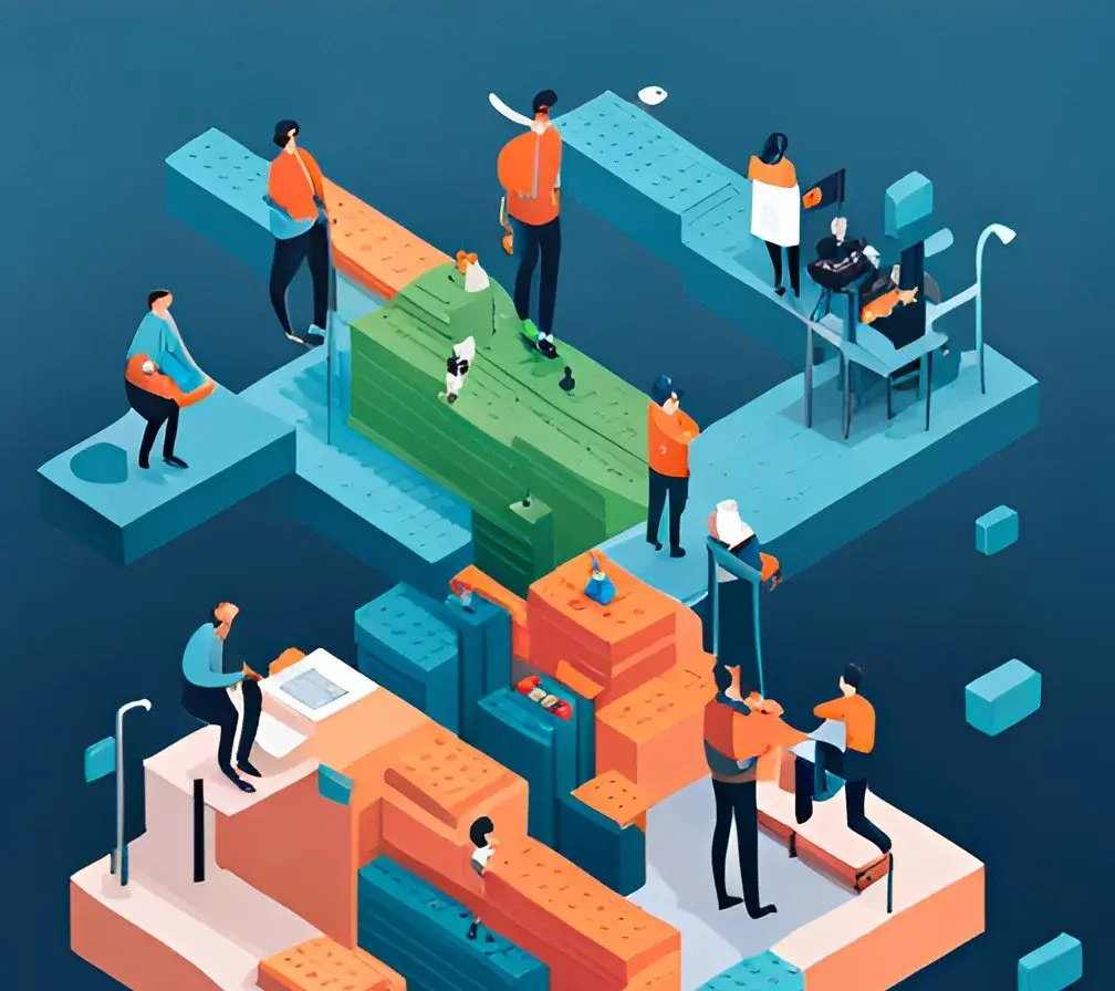 An AI generated image of somewhat 10 whole people working in a floating confusingly complex and path blocking multi level maze.